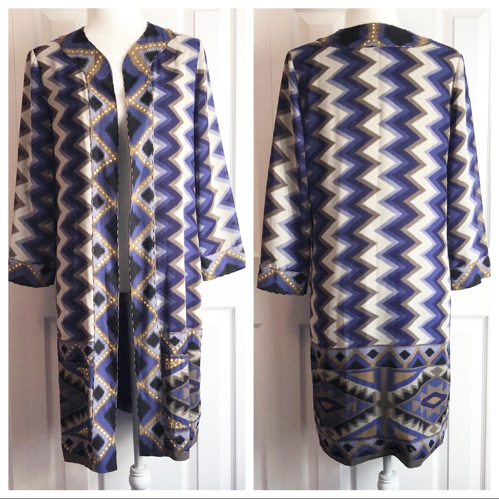 Chico's Embellished Purple & Gold Chevron Print Kimono Jacket Small
